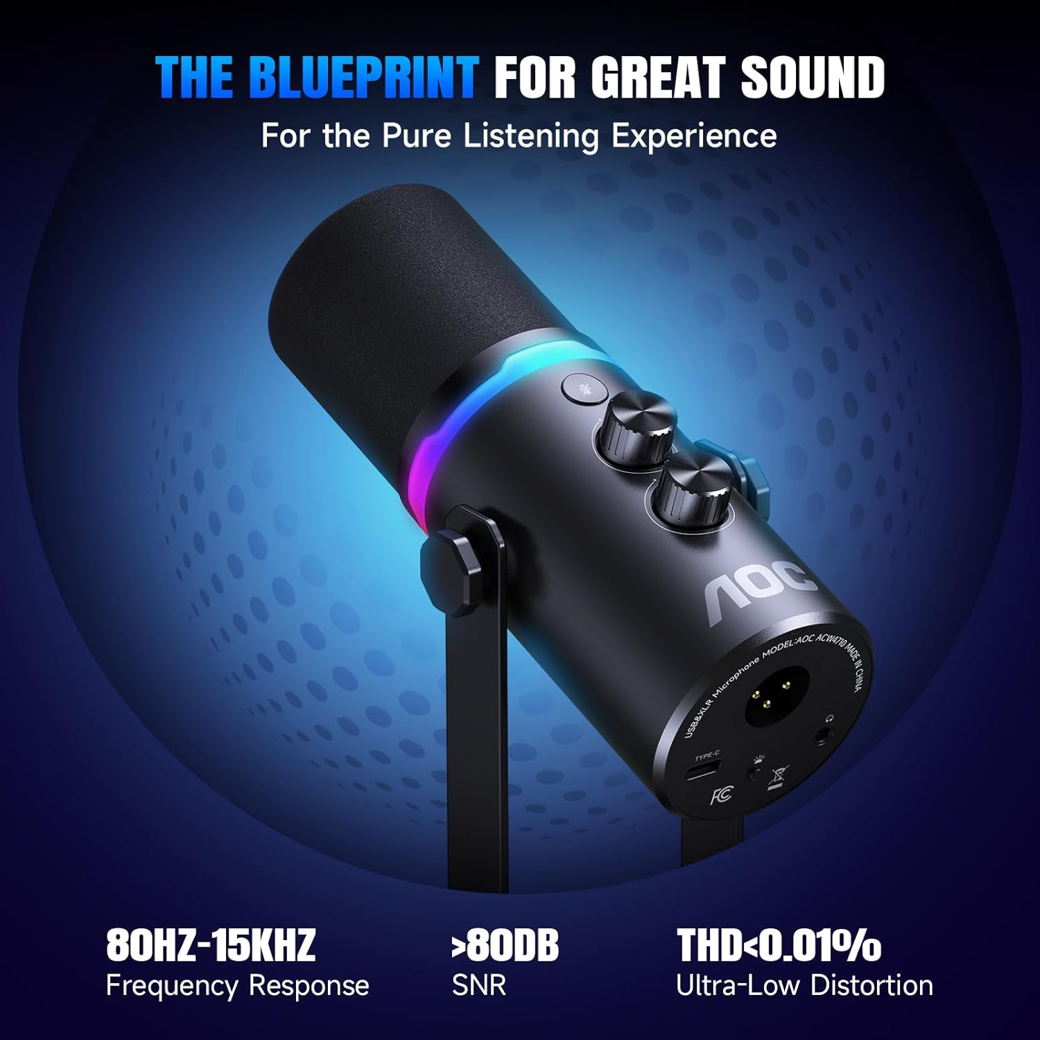 AOC USB/XLR Dynamic Microphone for Podcast Recording, PC Gaming Streaming Mic with RGB Light, Vocal Mic for Singing, Mute Button, Headphone Jack, Desktop Stand (Includes XLR Cable)