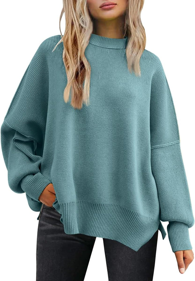 LILLUSORY Women's Oversized Batwing Sweaters 2025 Fall Outfits Trendy Crewneck Knit Side Slit Fashion Pullover Tops-47