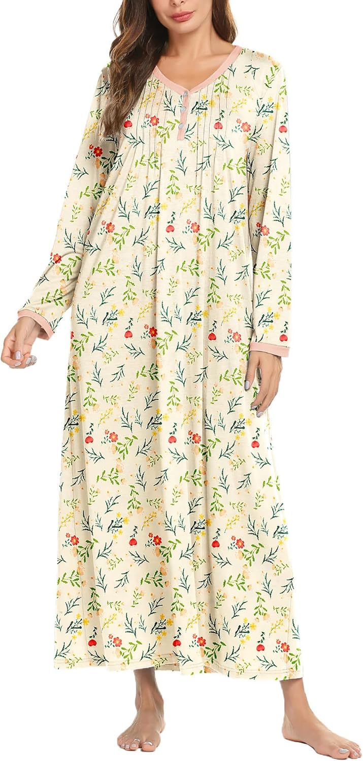 Ekouaer Women's Long Sleeve Nightgown Full Length Sleepwear Long Sleepshirts Henley Sleep Dress S-4XL-66