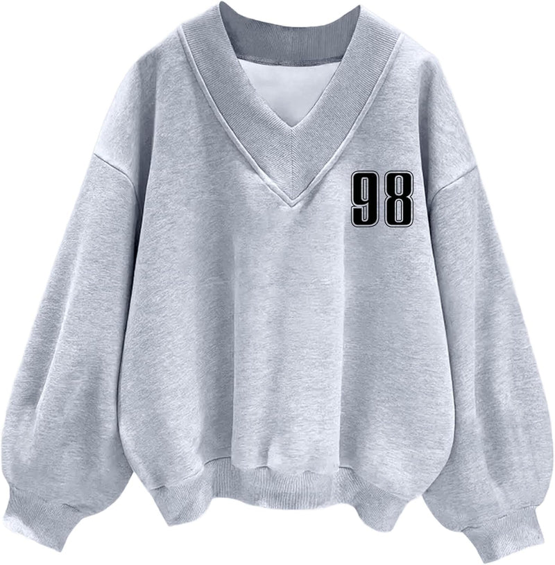 Hilinker Womens V Neck Oversized Sweatshirts Casual Drop Shoulder Long Sleeve Pullover Tops-22