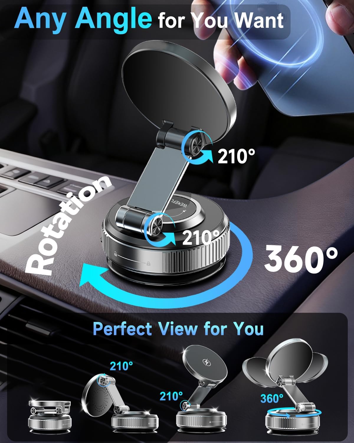 Vacuum Magnetic Car Phone Holder 360° Strongest 120LBS Ultra Suction Cup Phone Mount for MagSafe Dashboard Cell Phone Holders for Your Car/Gym/Mirror Bracket for iPhone 17 & Android, Metal Stand Rotor