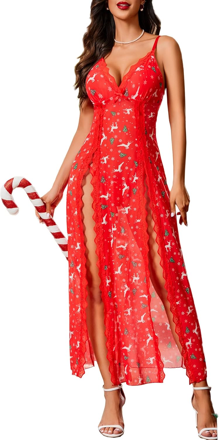 Avidlove Women Lingerie Lace Babydoll Chemise Sexy Mesh Nightdress V Neck Nightwear Side Split Nightgown-29