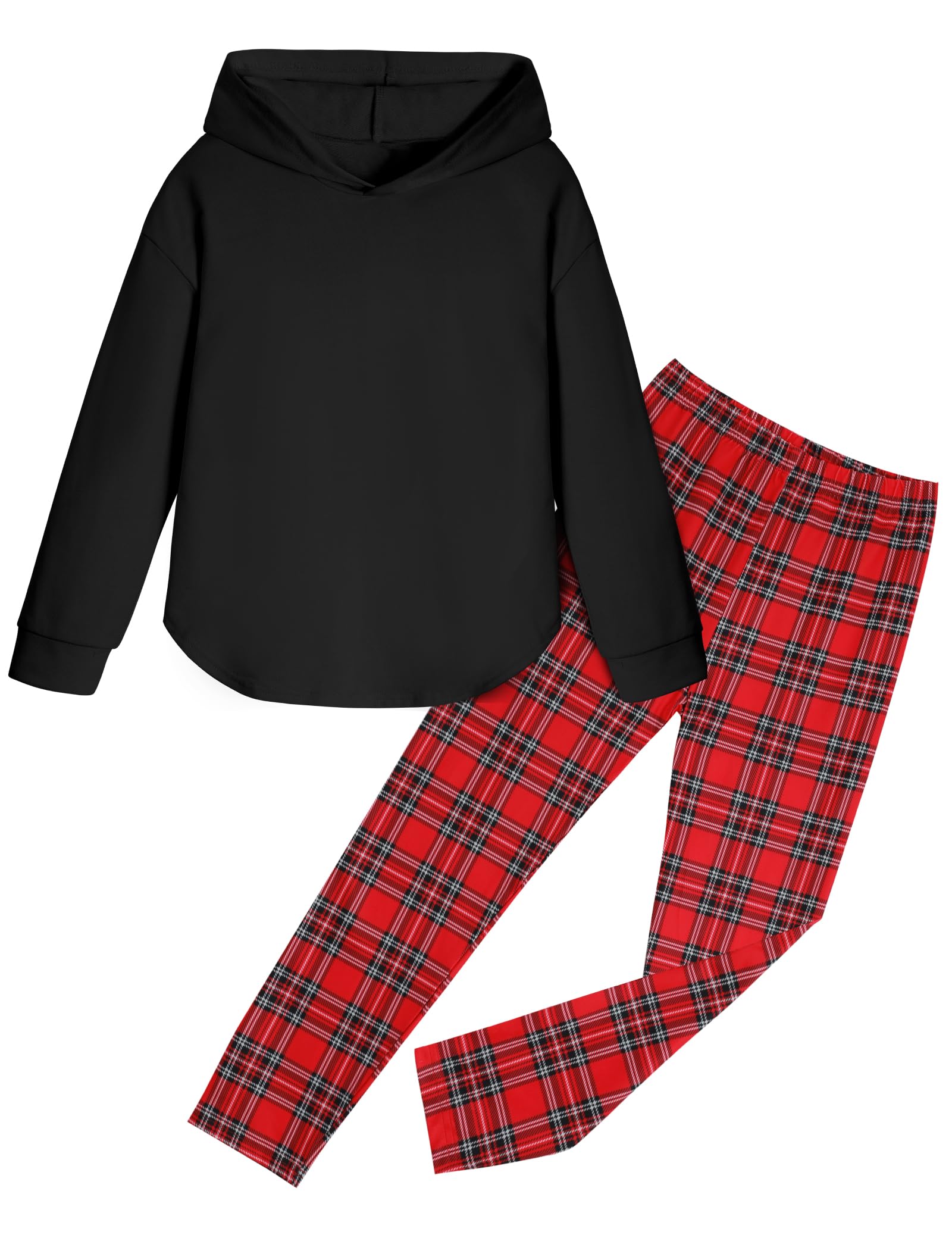 Fuermos Girls Clothes Sets Hooded Sweatshirt and Plaid Pants 2 Piece Girls Fall Outfits 6-14 Years