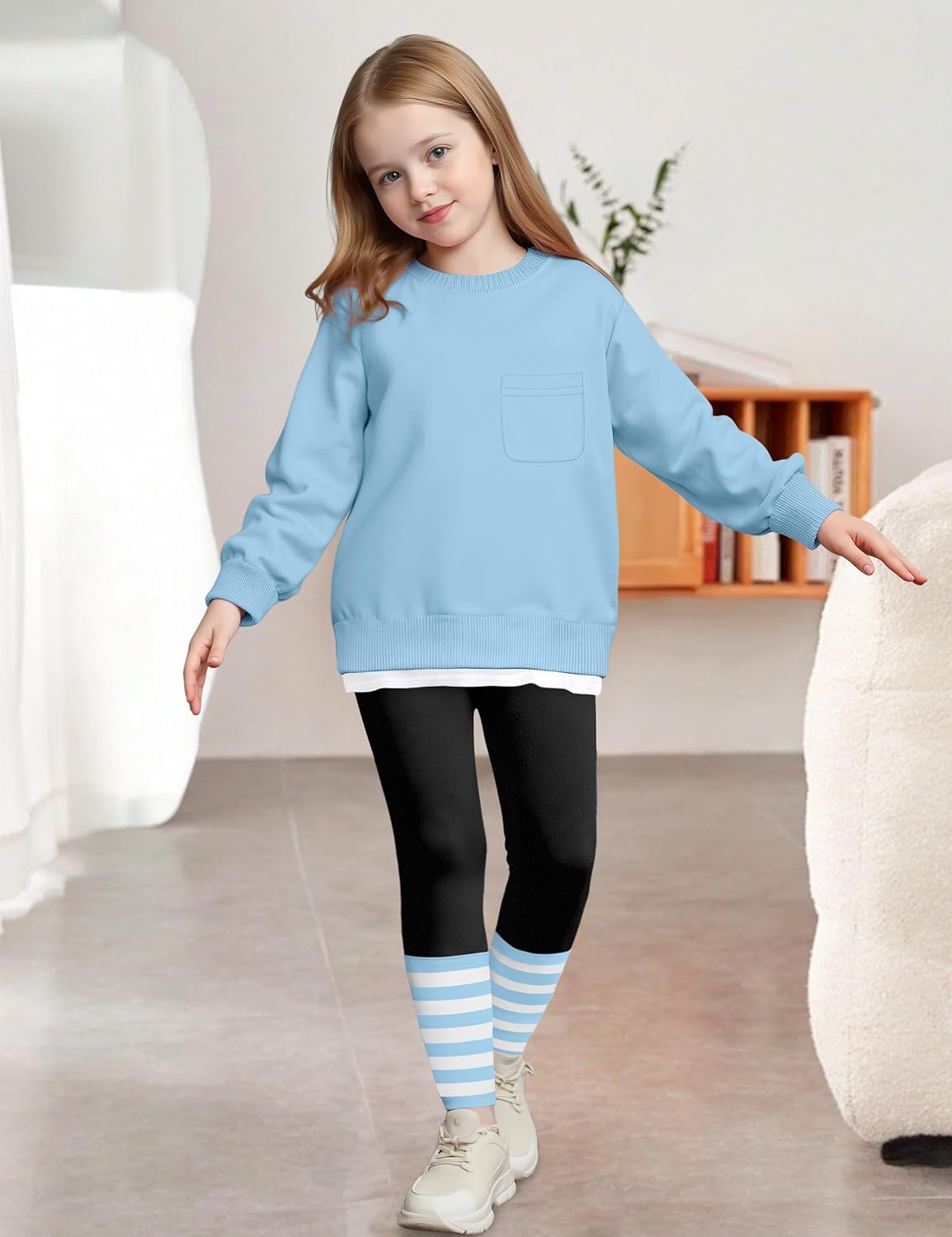 NAPU Little Girls Clothes 2Pcs Girls Outfits Pullover Sweatsuit Patchwork Striped Leggings Pants Set Fall Winter Clothes 2-8Y