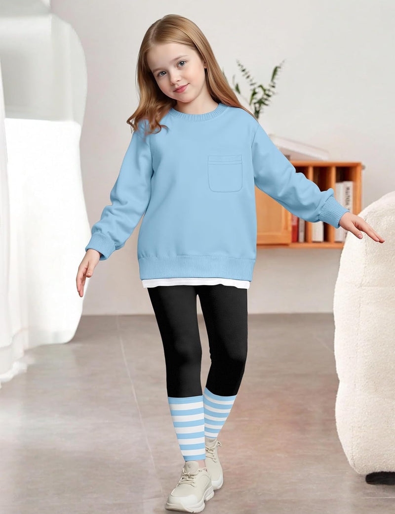 NAPU Little Girls Clothes 2Pcs Girls Outfits Pullover Sweatsuit Patchwork Striped Leggings Pants Set Fall Winter Clothes 2-8Y