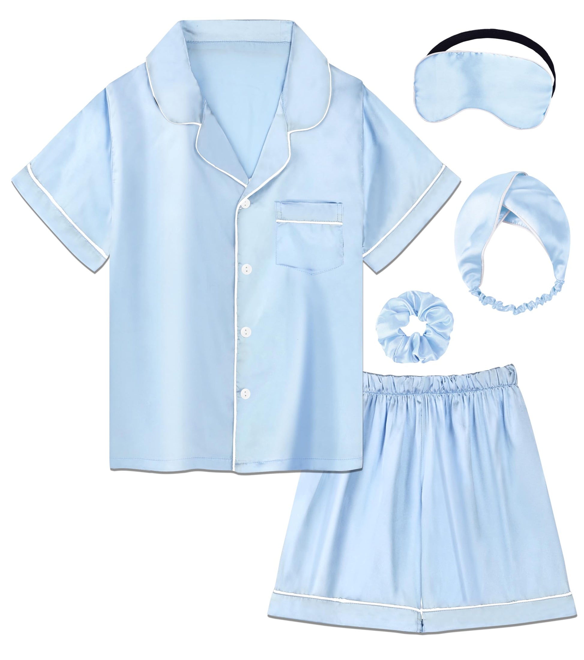 EPLAZA Kids Satin Pajamas Sets Girls Boys Button-Down Silky Pajamas Sleepwear with Hairband Eye Mask Hair Tie