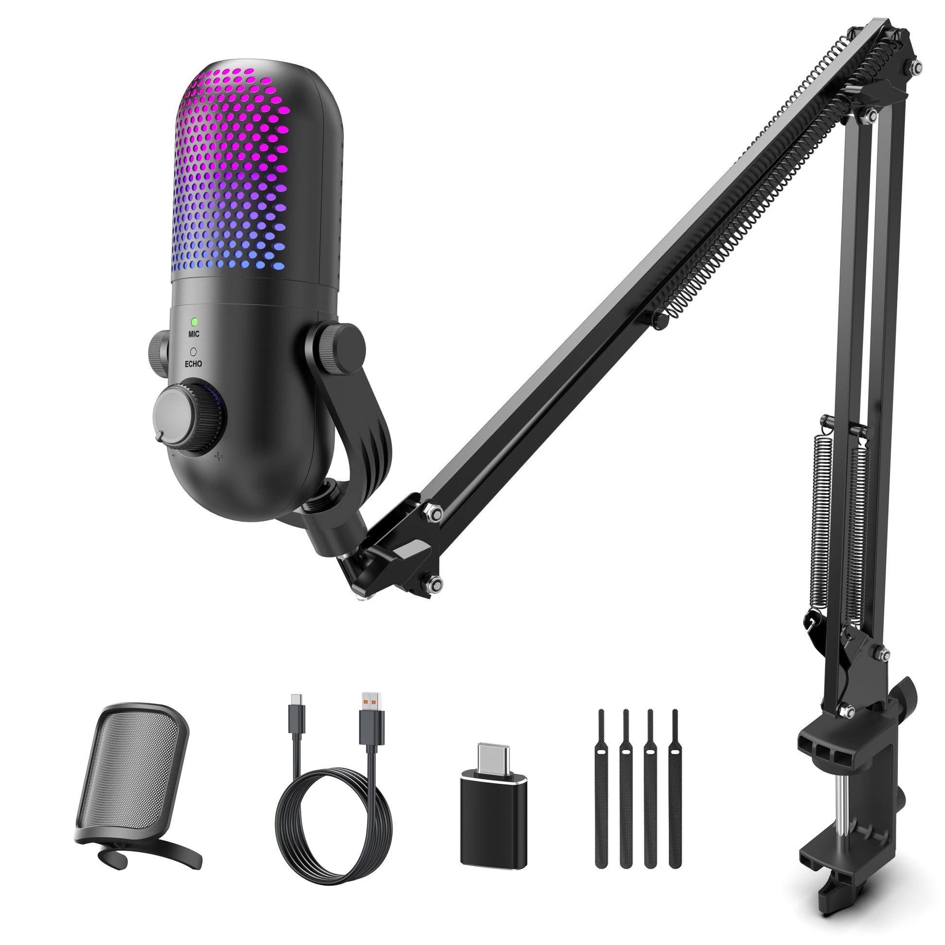 USB Microphone for PC Gaming: Condenser Microphone RGB for Gamer with Stand Mic - Recording Mic for Computer&Laptop with Qiuck Mute - Desk Podcast Mic for Podcast & Singing & Streaming & Youtube Black