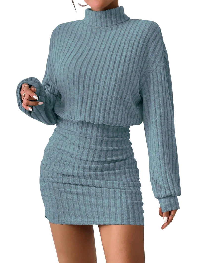 Women's Pullover Sweater Dress Long Lantern Sleeve Turtle Neck Cute Ribbed Knit Bodycon Mini Short Dress 2025 Fall-63