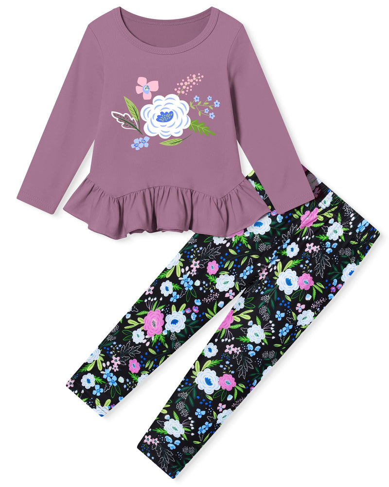 CARETOO Toddler Girl Clothes Girl 2pcs Fall Winter Outfit Ruffle Hem Top and Full-print Patterned Pants 2-7 Years