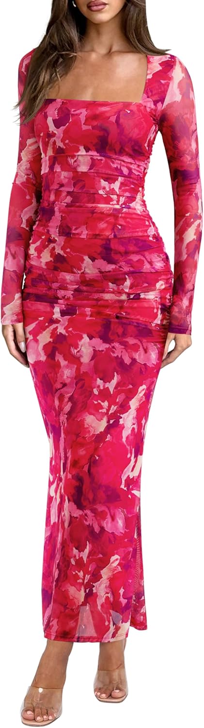 REORIA Long Sleeve Wedding Guest Maxi Dresses for Women Sheer Mesh Square Neck Ruched Bodycon Long Dress 2025 Fall Outfits-7
