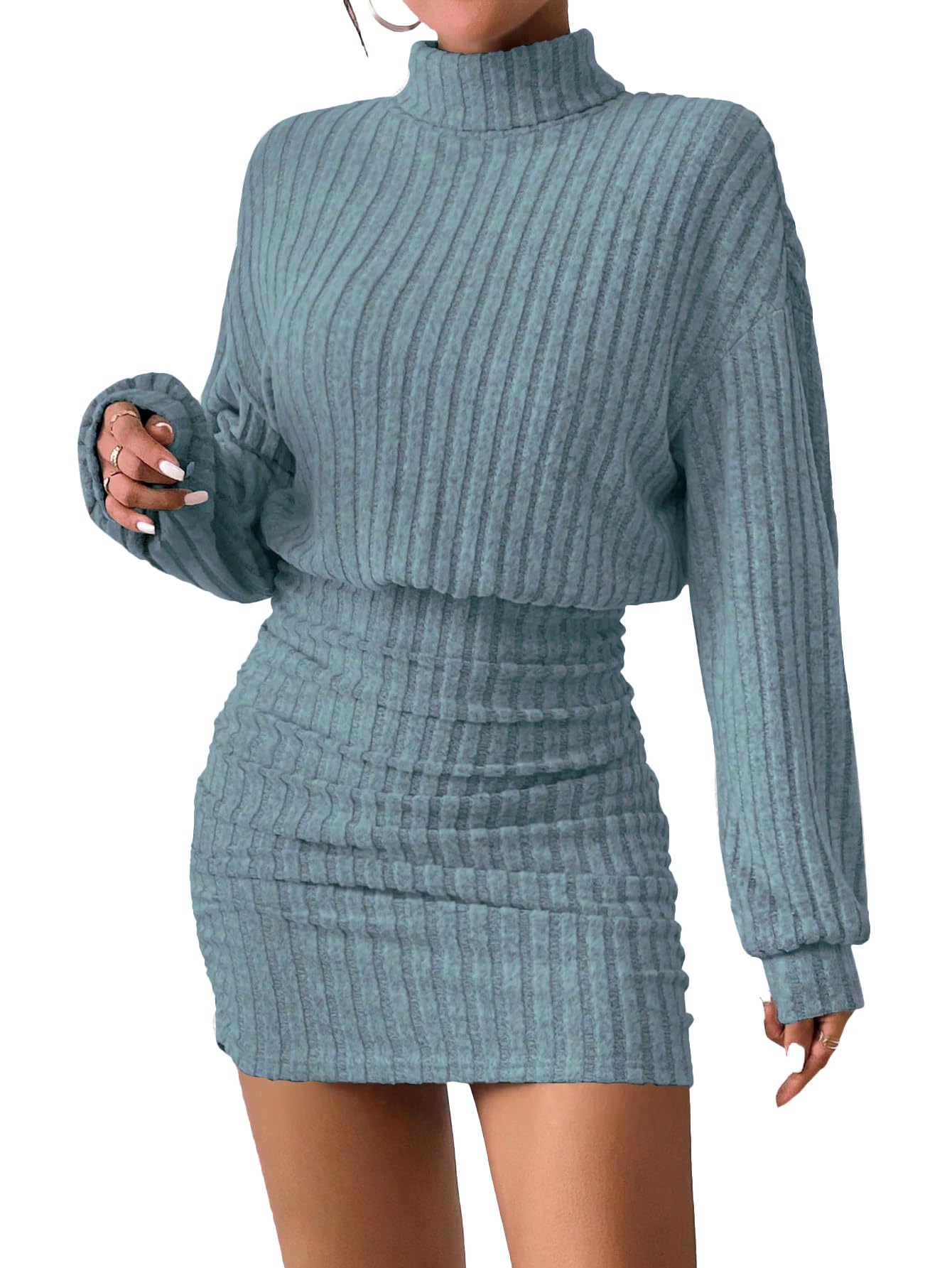 Women's Pullover Sweater Dress Long Lantern Sleeve Turtle Neck Cute Ribbed Knit Bodycon Mini Short Dress 2025 Fall-73