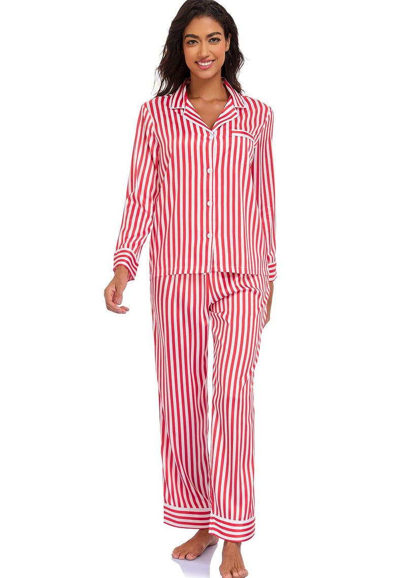 Women's Satin Pajama Set Long Sleeve Button Down Sleepwear 2-Piece Silky Pj Set-88