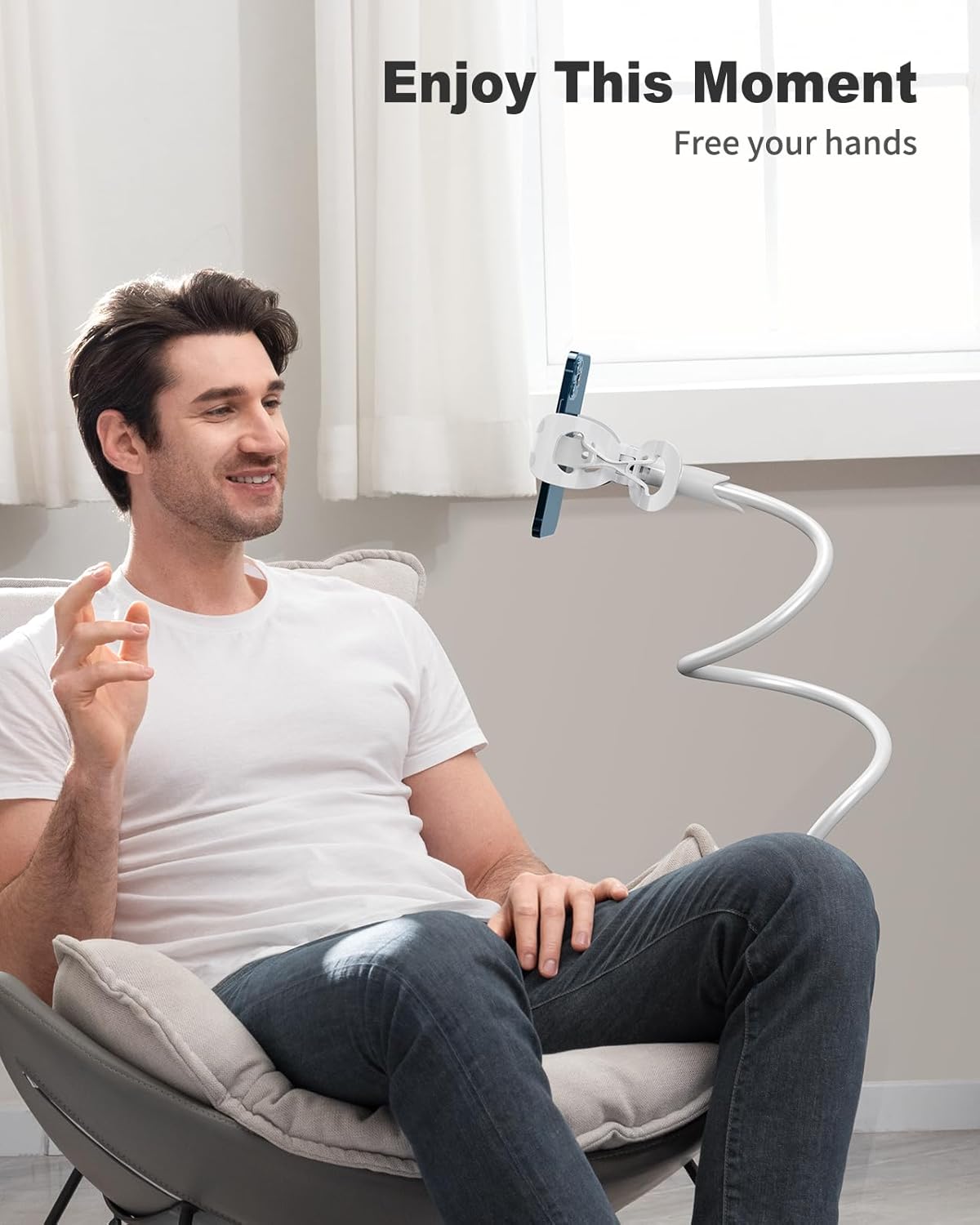 SAIJI Gooseneck Cell Phone Holder, Clamp Universal Lazy Mount Clip Hands Free Flexible Long Arm Bracket Grip for 4-7 Phones Mobile Stand Baby Monitor for Desk, Bed, Office, Kitchen (White)