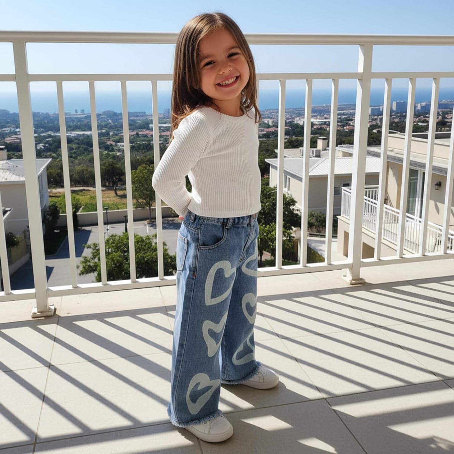 Toddler Girls Clothes 2T 3T 4T 5T 6T Ribbed Baby Kids Girl Denim Outfits Long Sleeve Tops Love Hearts Jeans Pant