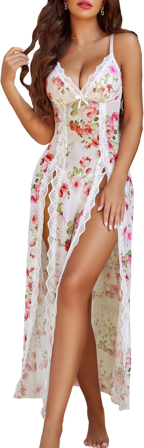 Avidlove Women Lingerie Lace Babydoll Chemise Sexy Mesh Nightdress V Neck Nightwear Side Split Nightgown