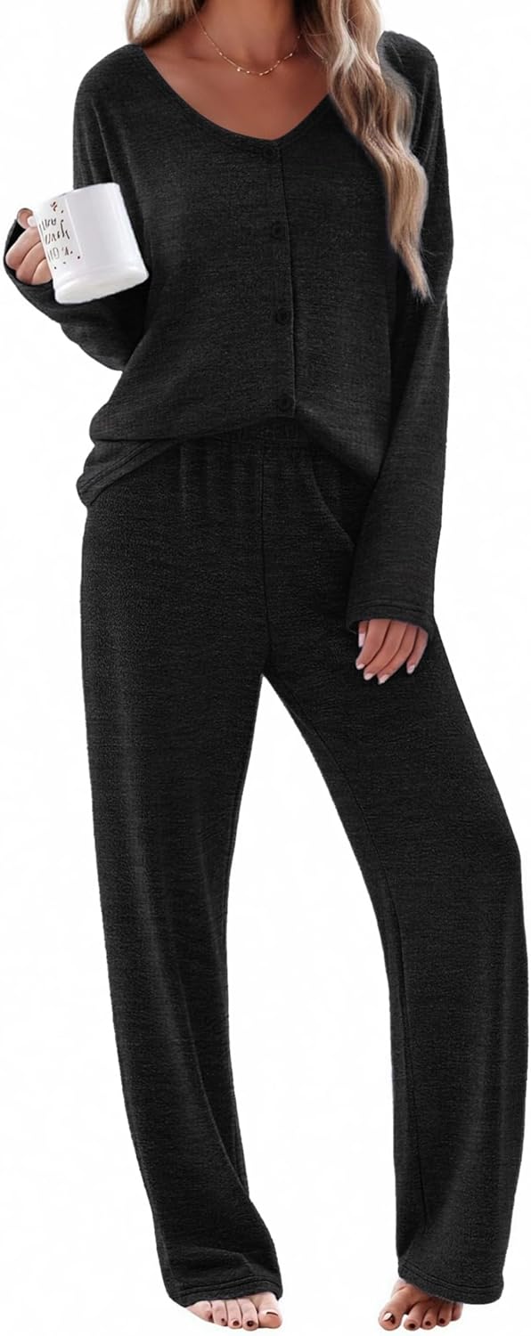Ekouaer Womens Pajama Sets Button Up Long Sleeve Pjs Soft Lounge Set 2 Piece Sleepwear with Pockets-40