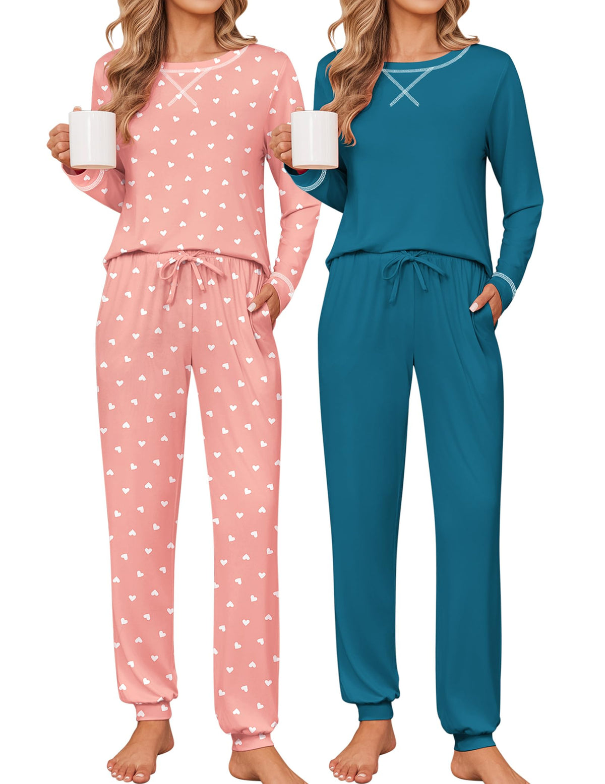 Ekouaer 2 Pack Pajama Sets for Women Long Sleeves Lounge Set Jogger Pants