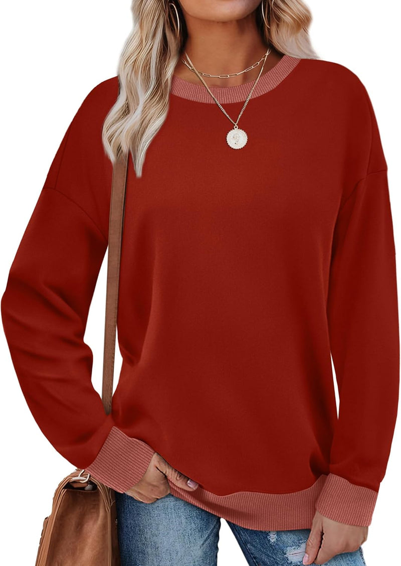 Saloogoe Sweatshirts for Women Crewneck Long Sleeve Loose Fit Tops Color Block Ribbed Trim Fashion 2025-2