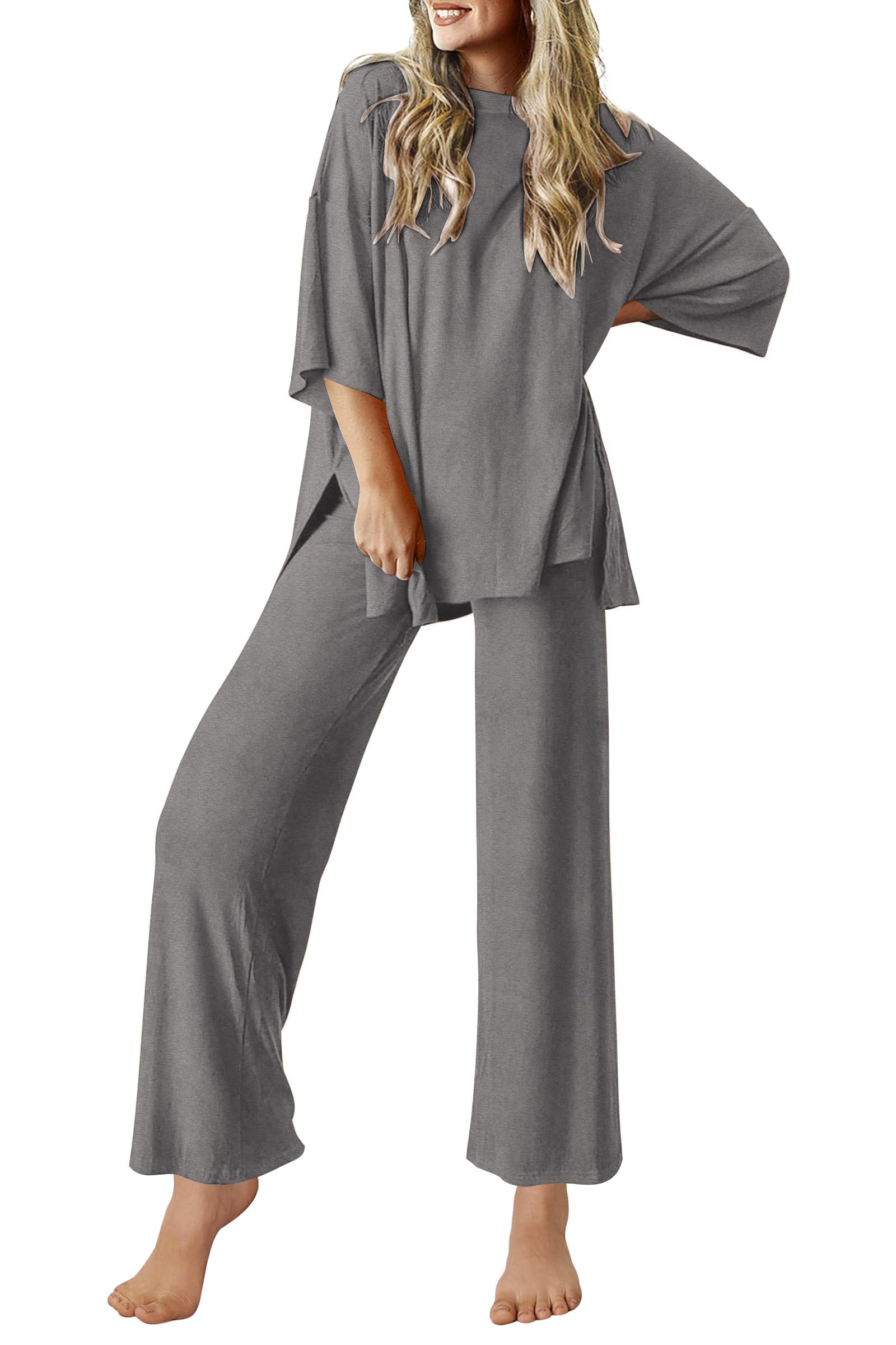 Ekouaer Lounge Sets for Women Short Sleeve Tops and Long Pants Soft Comfy Pajamas Set 2 Piece Outfits S-XXL-85
