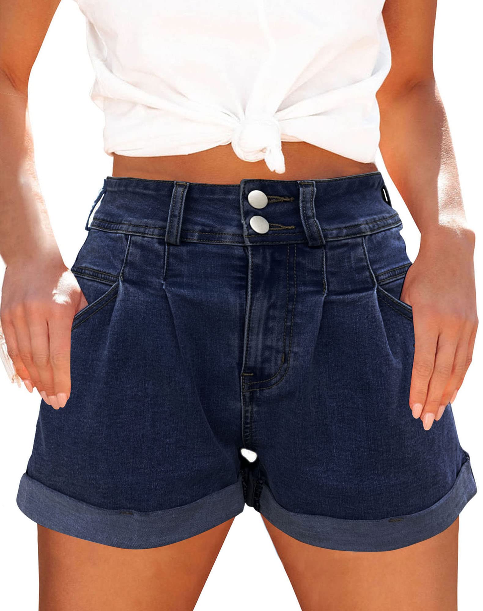 Womens Relaxed Fit Casual High Waist Pocketed Denim Shorts