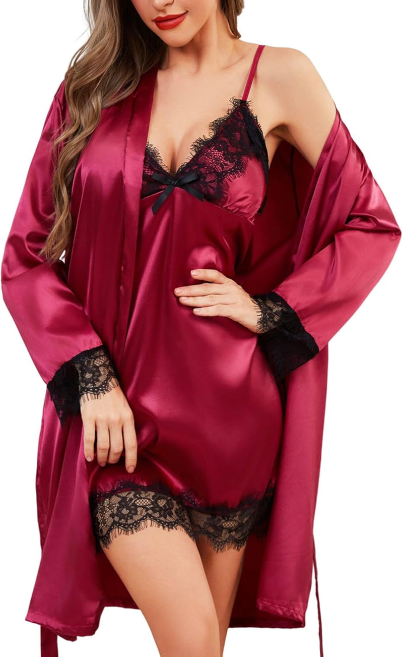 Womens Silk Lingerie Robe Nightgown 2 Piece Pajamas Set Sexy Lace V Neck Cami Satin Sleepwear-23