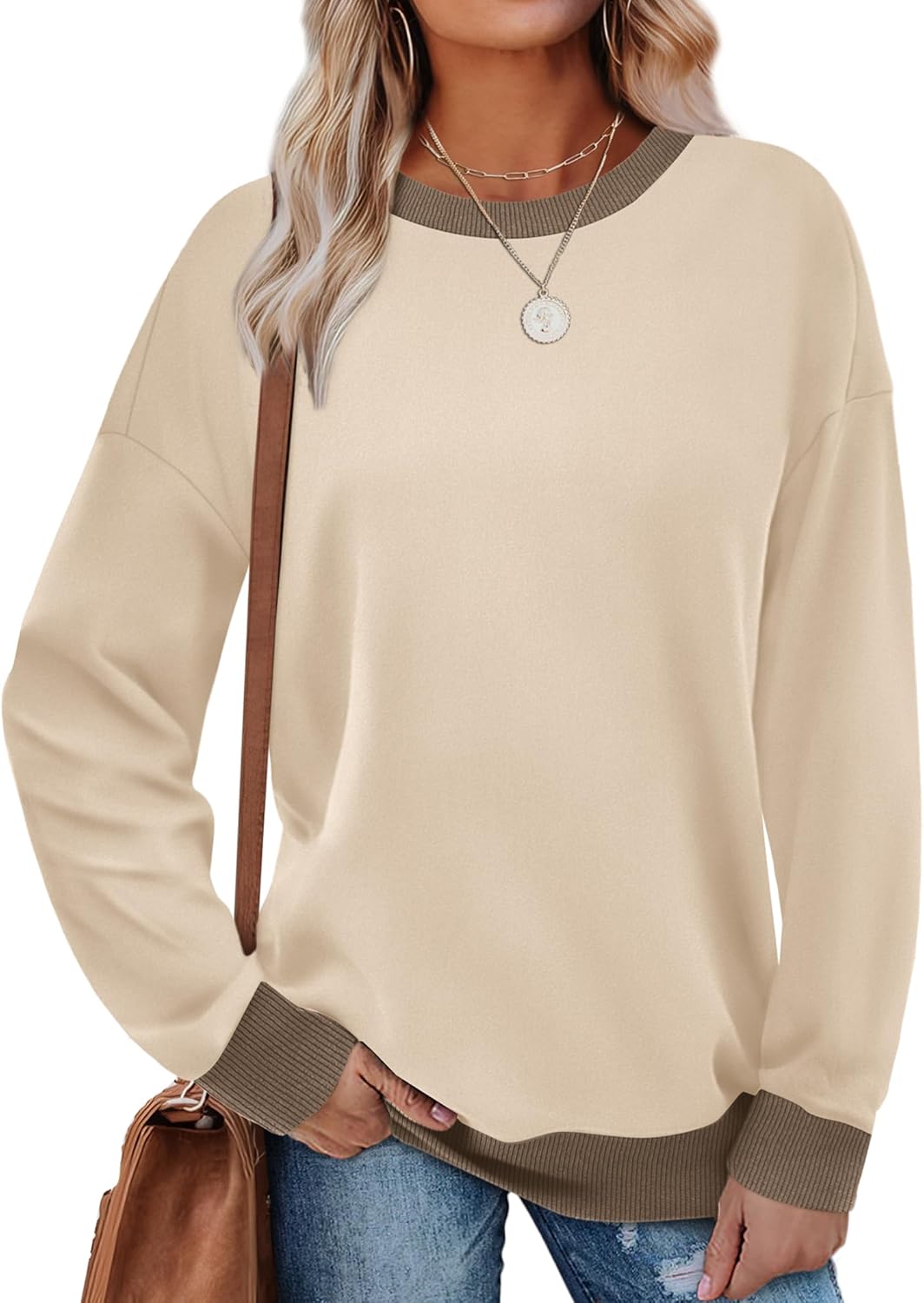 Saloogoe Sweatshirts for Women Crewneck Long Sleeve Loose Fit Tops Color Block Ribbed Trim Fashion 2025-26