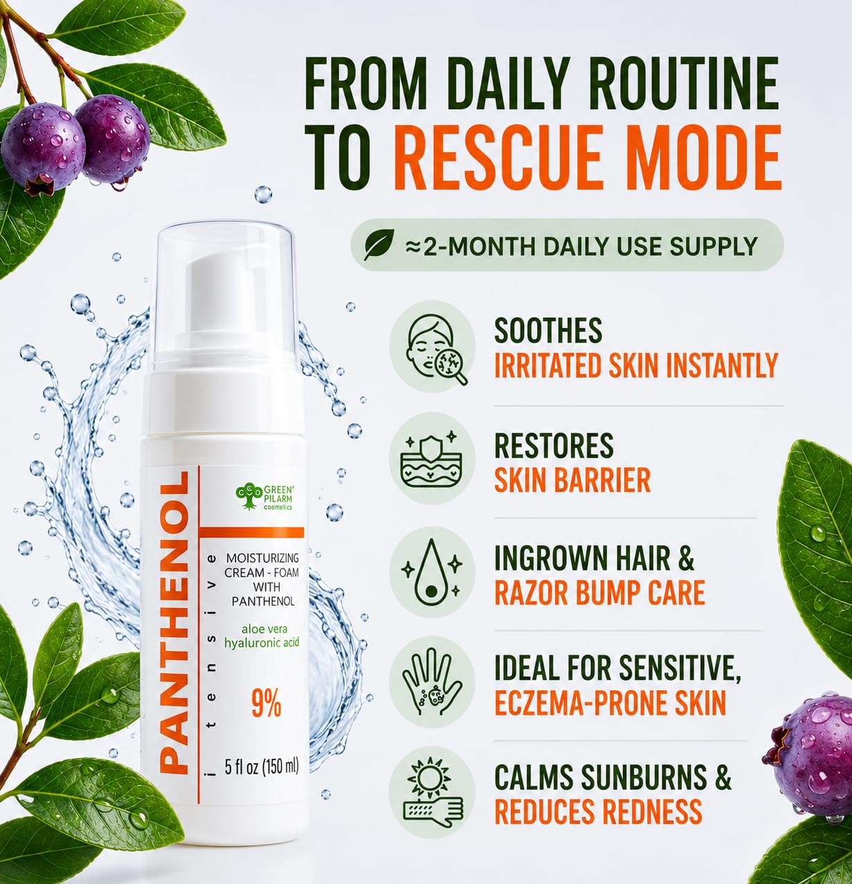 9% Panthenol Foam After Sun & Instant Redness Relief| Barrier Repair with Aloe & Hyaluronic Acid| Post Acne, Procedures, After Tattoo Care & Hair Transplant Spray | Baby & Sensitive Skin Safe