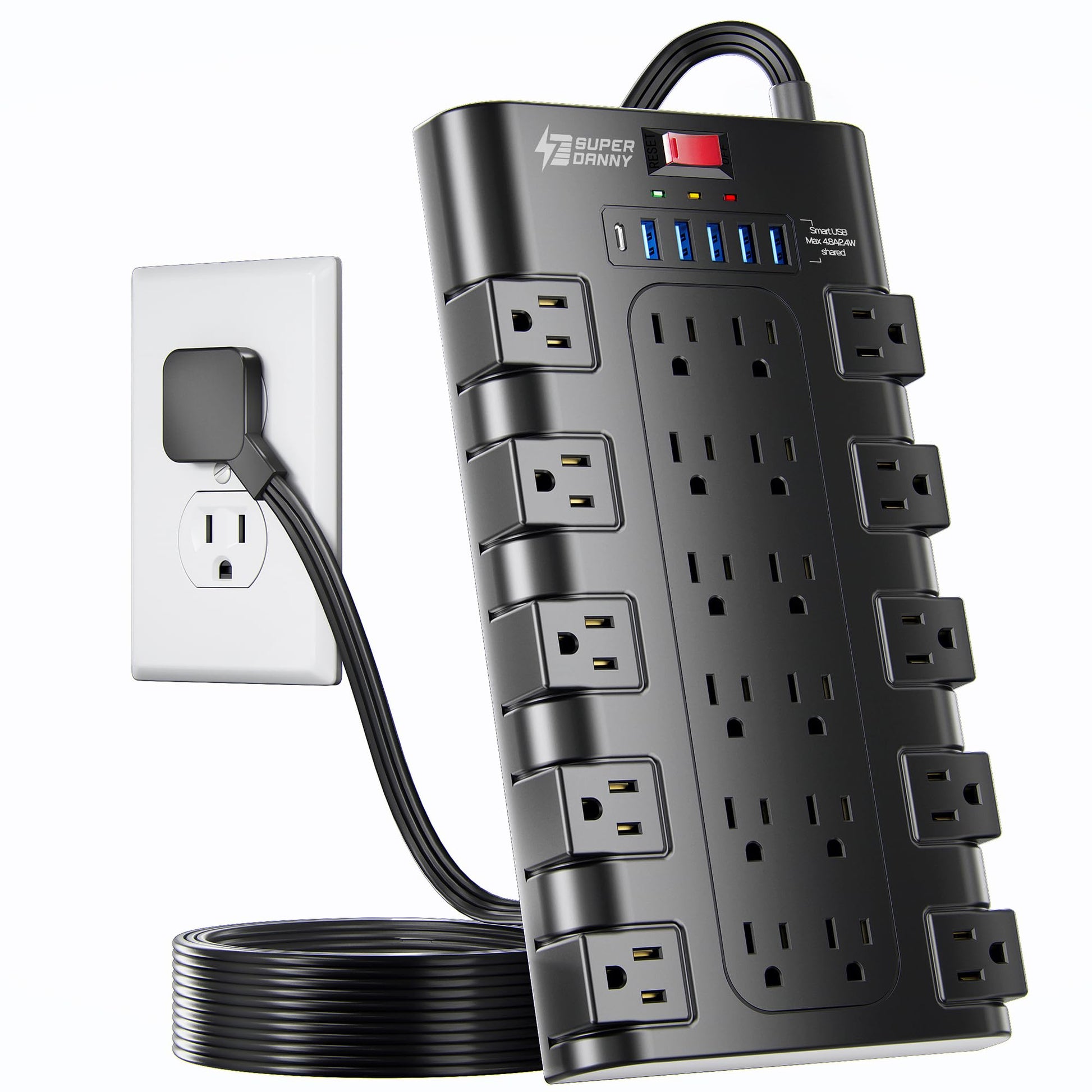 Power Strip, SUPERDANNY Surge Protector with 22 AC Outlets and 6 USB Charging Ports, 1875W/15A, 2100 Joules, 6.5Ft Flat Plug Heavy Duty Extension Cord for Home, Office, Dorm, Gaming Room, Black