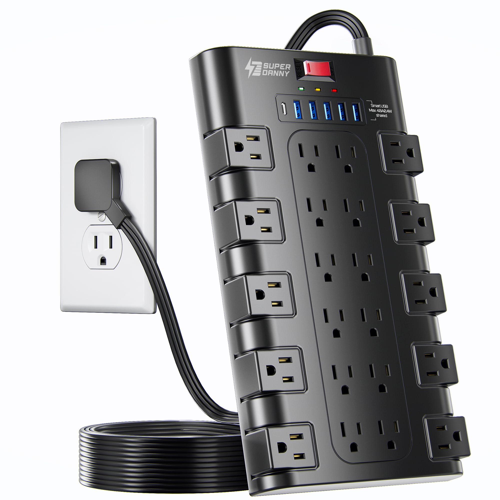 Power Strip, SUPERDANNY Surge Protector with 22 AC Outlets and 6 USB Charging Ports, 1875W/15A, 2100 Joules, 6.5Ft Flat Plug Heavy Duty Extension Cord for Home, Office, Dorm, Gaming Room, Black