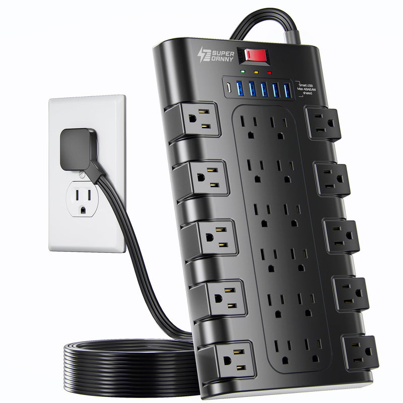 Power Strip, SUPERDANNY Surge Protector with 22 AC Outlets and 6 USB Charging Ports, 1875W/15A, 2100 Joules, 6.5Ft Flat Plug Heavy Duty Extension Cord for Home, Office, Dorm, Gaming Room, Black