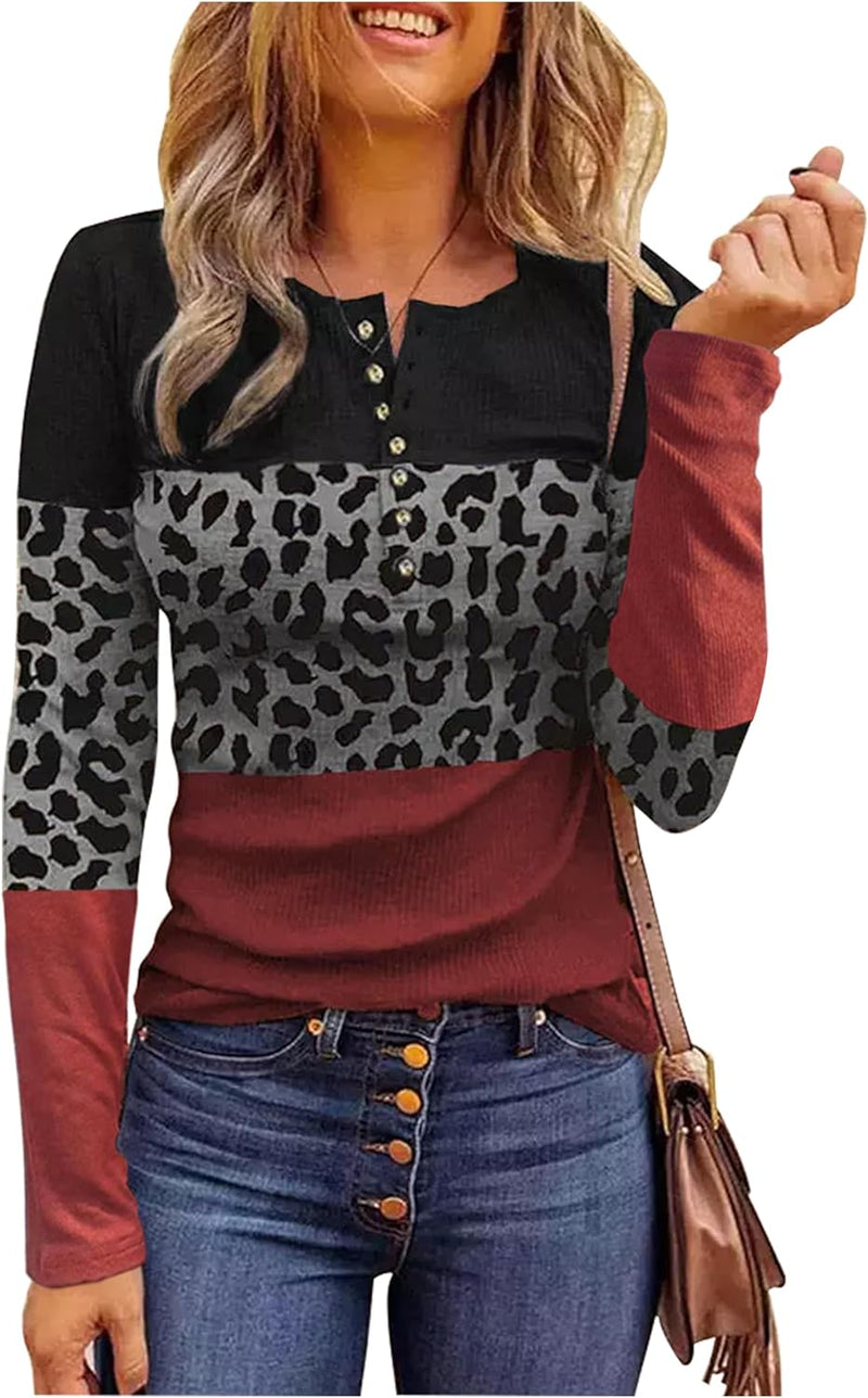 Long Sleeve Shirts for Women Henley Button Ribbed Knit Slim Fitted Tops Ladies Comfrt Trendy Undershir Clothes Tee Shirt-39