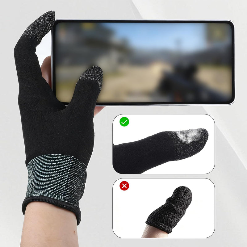 Ultra-Thin Mobile Gaming Gloves, Gaming Gloves for Sweaty Hands, Touchscreen Gaming Finger Sleeves for Phone Tablet Game Players Streamer (Black + Green)