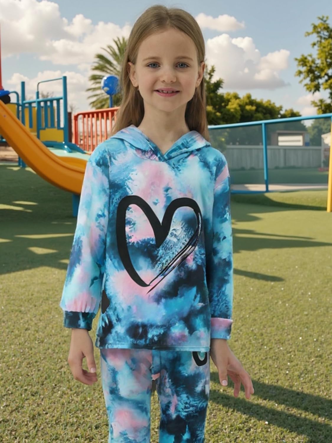 Toddler Baby Girls Clothes Long-sleeve Tie Dye Hoodie Pullover and Sweatpants Heart Print Hooded Outfits Set