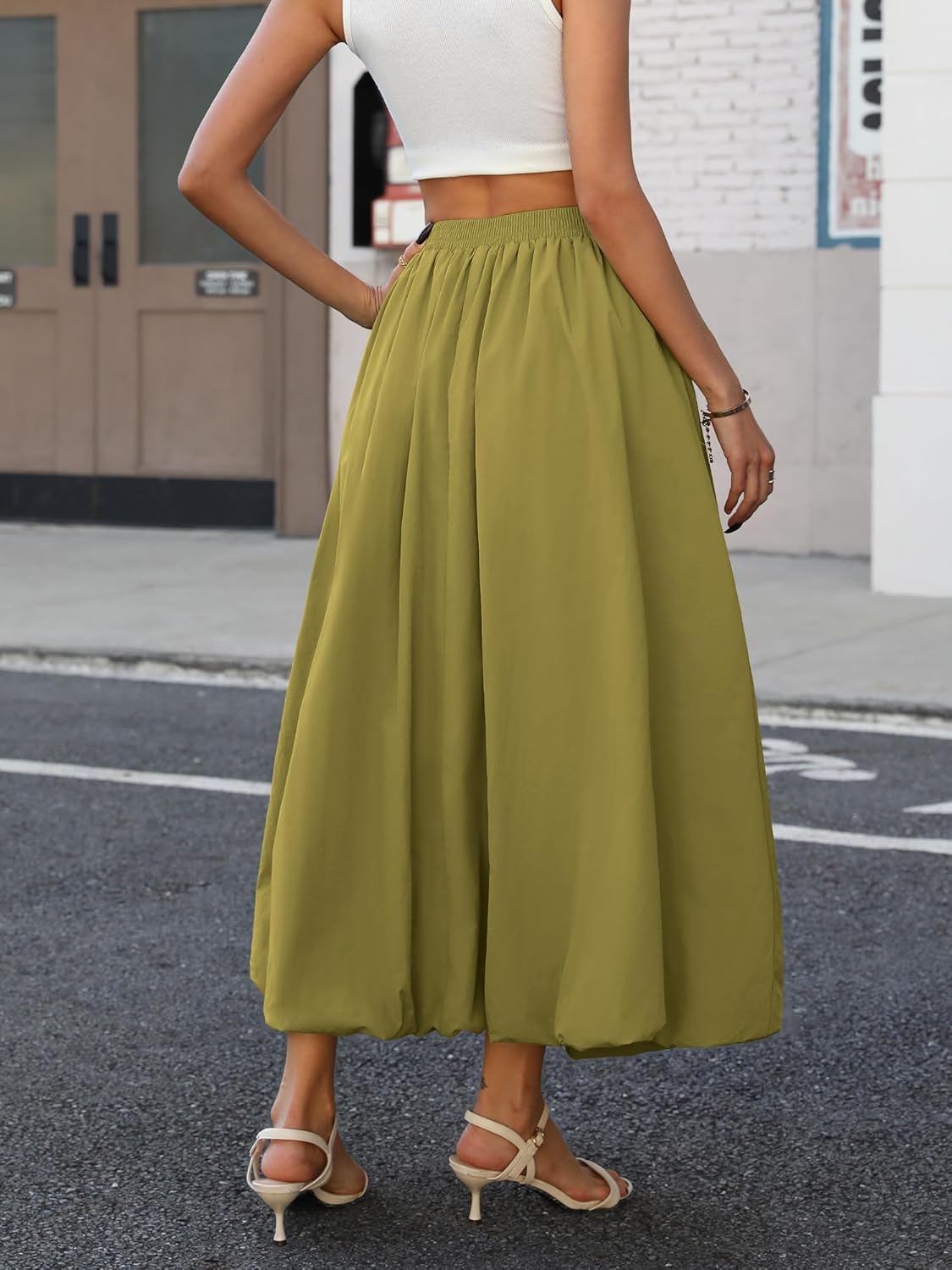 ELLEVEN Women's Bubble Maxi Skirt, Elastic Waist Puffy Hem A-Line Skirt with Pockets