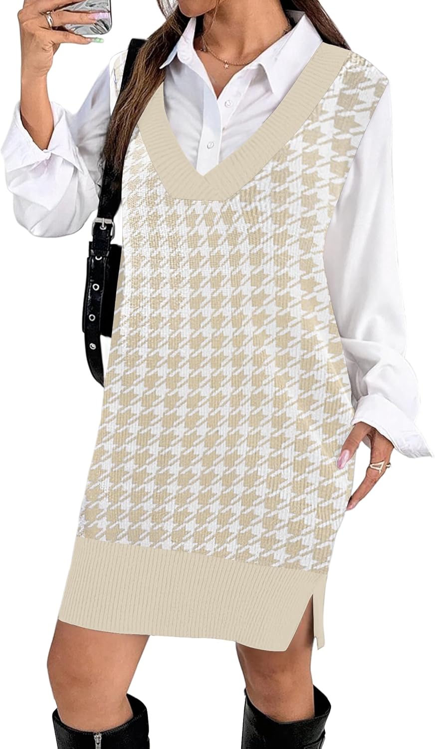 Zeagoo Women's V Neck Sweater Vest Dress Oversized Sleeveless Casual Pullover Sweater Fall Winter Knit Slit Short Dress-24