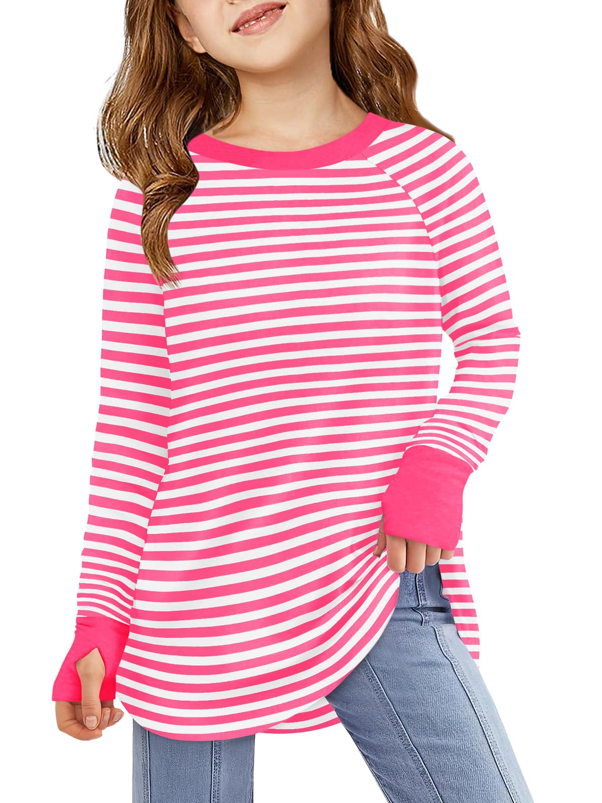 Haloumoning Girls Striped Thumb Hole Long Sleeve Shirts Kids Crewneck Tunic Tops Curved Hem Tees 5-14 Years