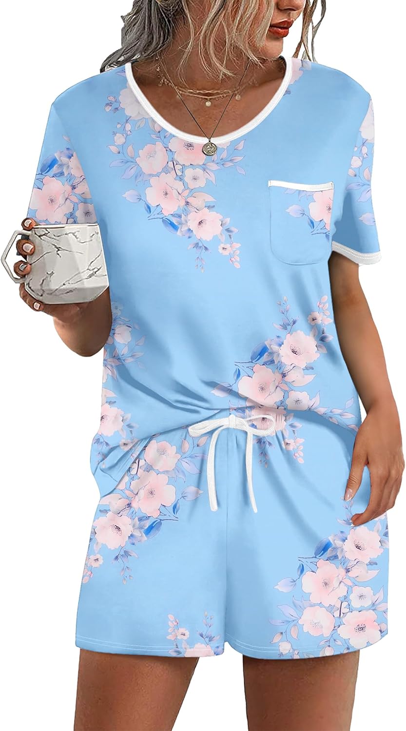 Ekouaer Pajama Set for Women 2 Piece Lounge Set Short Sleeve Tops and Shorts Soft Sleepwear, Chest Pocket-39