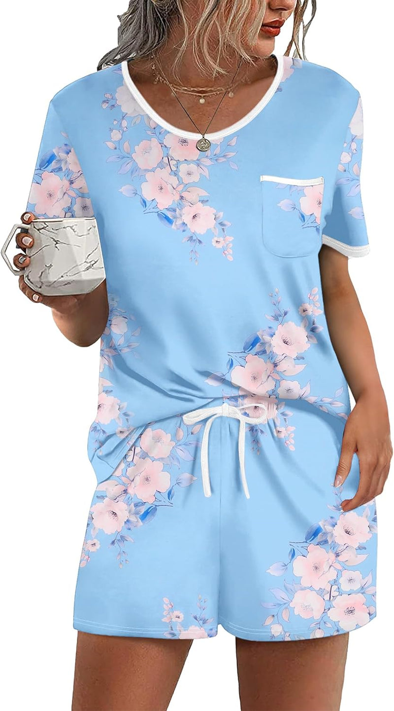 Ekouaer Pajama Set for Women 2 Piece Lounge Set Short Sleeve Tops and Shorts Soft Sleepwear, Chest Pocket-74