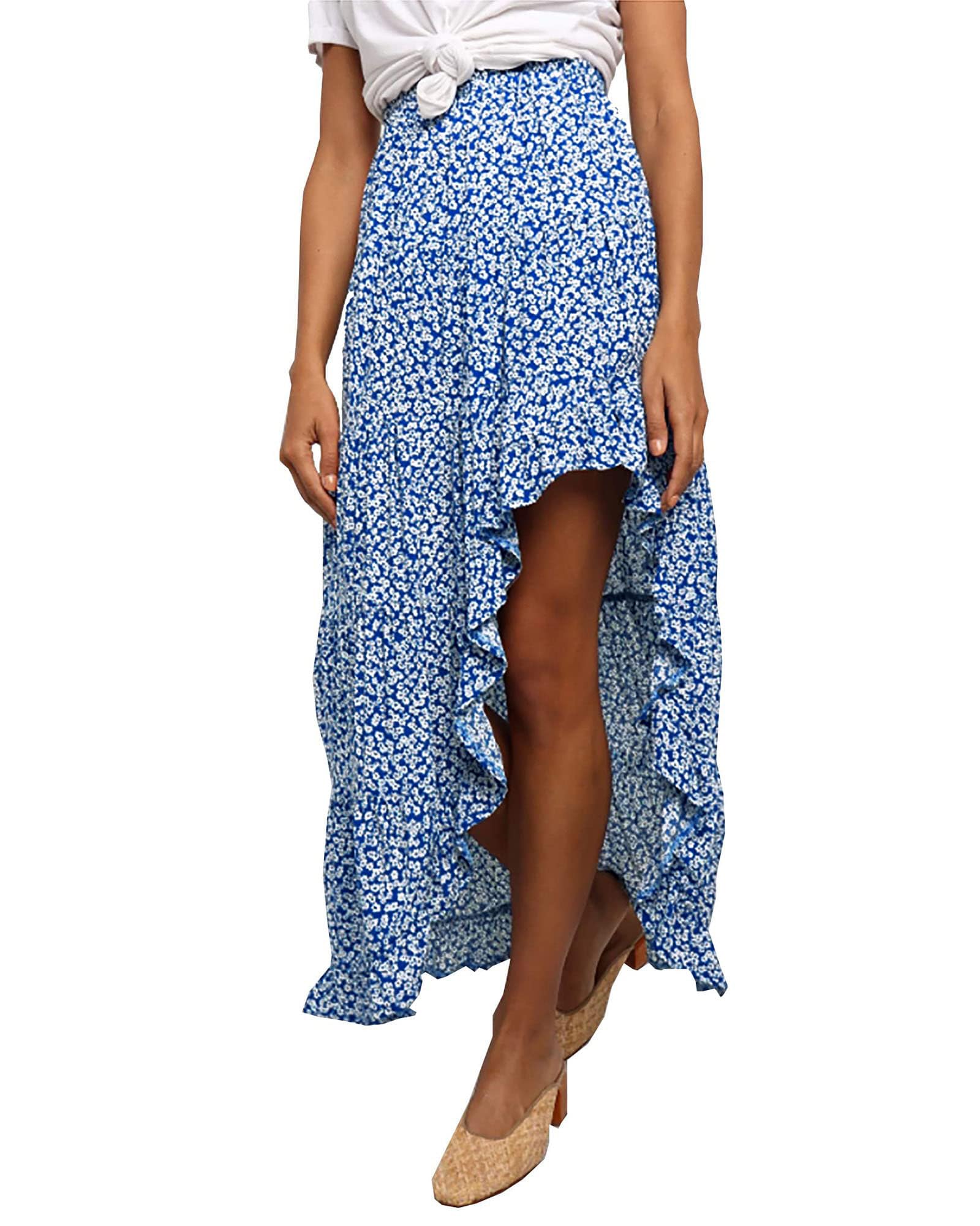 BTFBM Women 2026 Spring Summer Long Skirts Dress Boho Floral Elastic Waist Split Ruffle High Low Beach Maxi Skirt Clothes