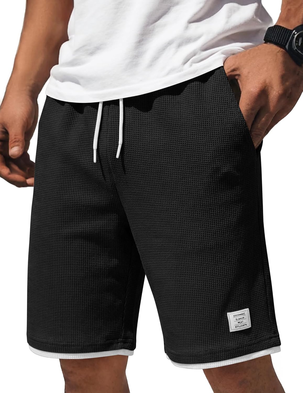 COOFANDY Mens Casual Shorts Cotton Drawstring 9 inch Waffle Shorts Stretch Elastic Waist Summer Beach Lounge Sweat Shorts