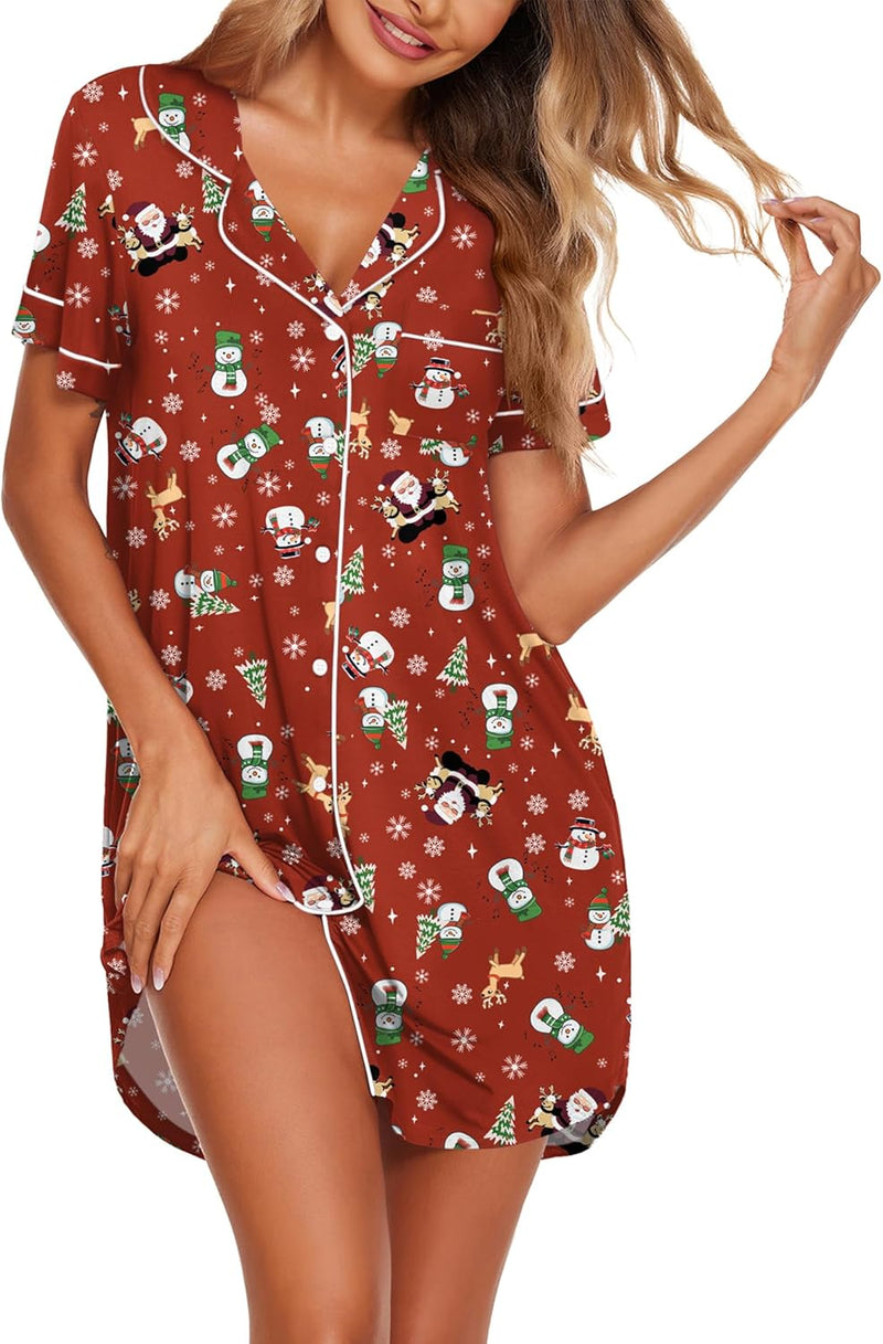 Ekouaer Nightgowns for Women Button Down Sleepshirt Short Sleeve Nightshirt Boyfriend Pajamas V Neck Nightdress S-XXXL-99