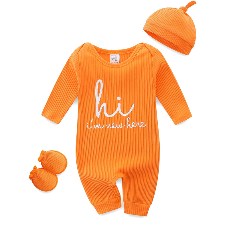 Baby Romper with Baby Mittens & Newborn Hats Footless Long Sleeve Solid Onesie Hi Im New Here