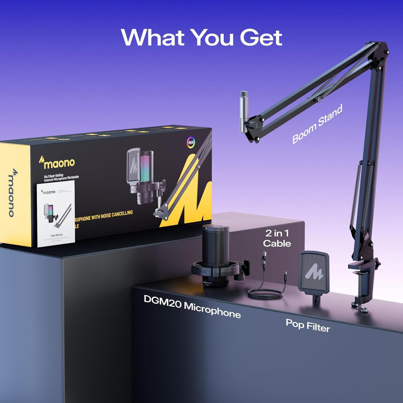 MAONO Gaming USB Microphone, Noise Cancellation Condenser Mic with Mute, Gain, Monitoring, Boom Arm Mic for Streaming, Podcast, Twitch, YouTube, Discord, PC, Computer, PS4, PS5, Mac, GamerWave DGM20S