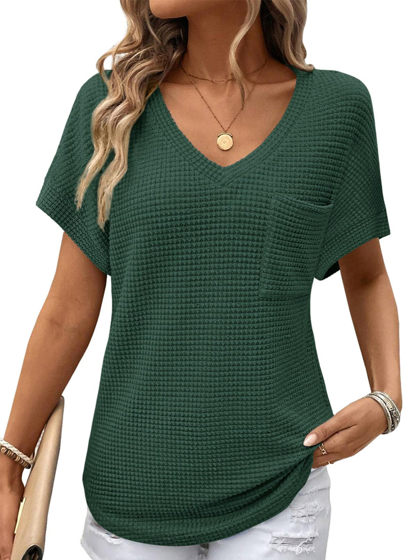Dokotoo Womens Waffle Knit Tops 2026 Spring Summer V Neck Shirts Casual Trendy Women's Blouses Basic Tee-53