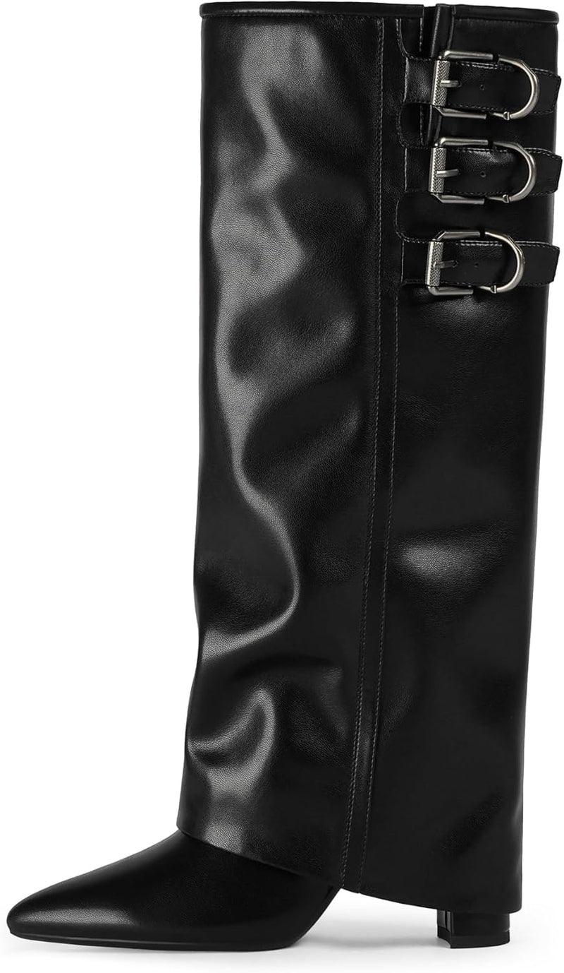 Modatope Knee High Boots Women Fold Over Knee High Boots Chunky High Heels Long Boots Zipper Pointed Toe Dress Tall Boots for Women-38