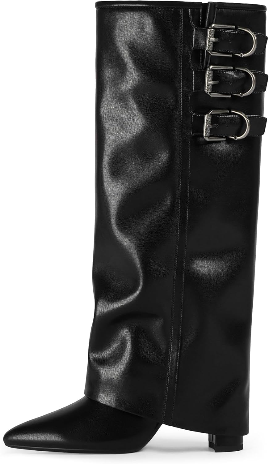 Modatope Knee High Boots Women Fold Over Knee High Boots Chunky High Heels Long Boots Zipper Pointed Toe Dress Tall Boots for Women-90