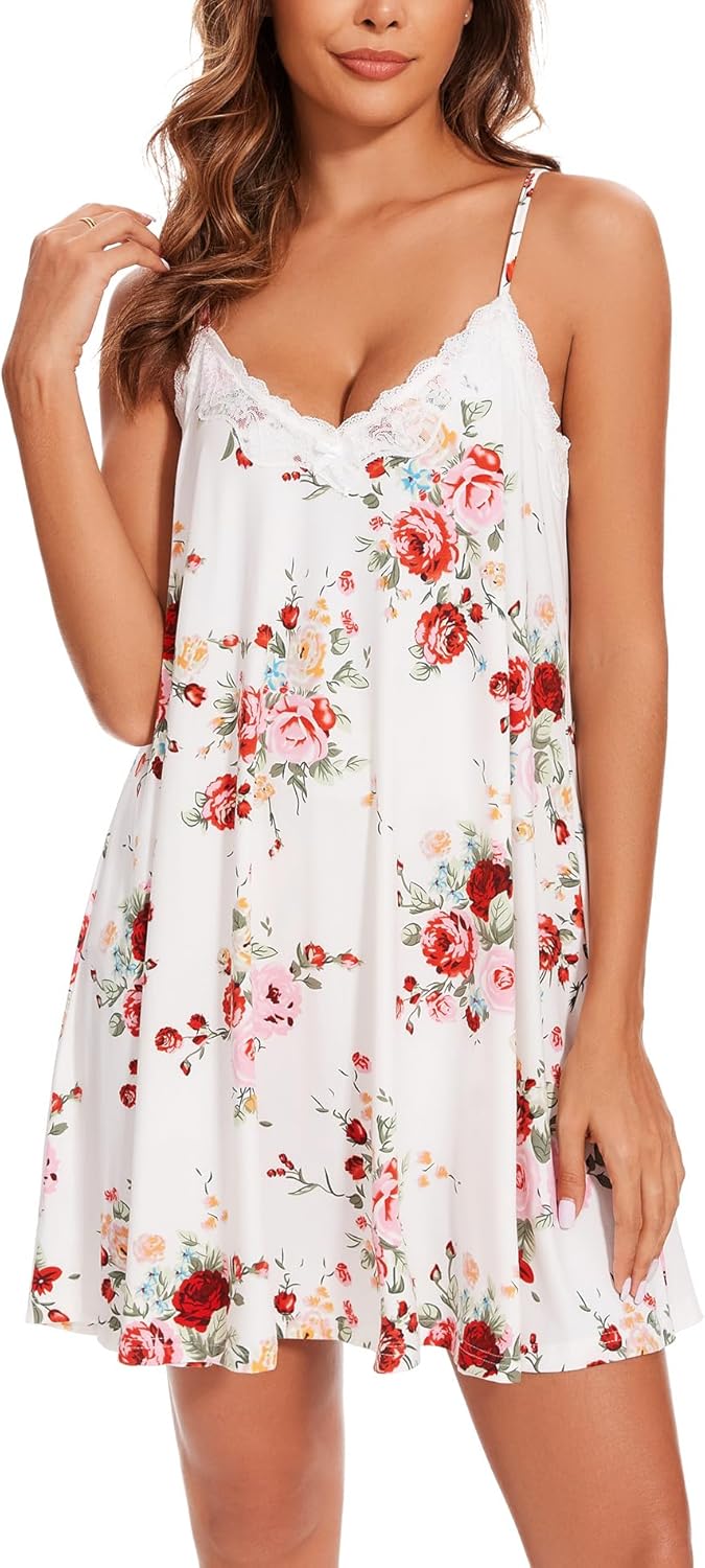 Nightgowns for Women Sexy Lace Sleepwear V Neck Short Night Gowns Sleeveless Chemise Nighty-73