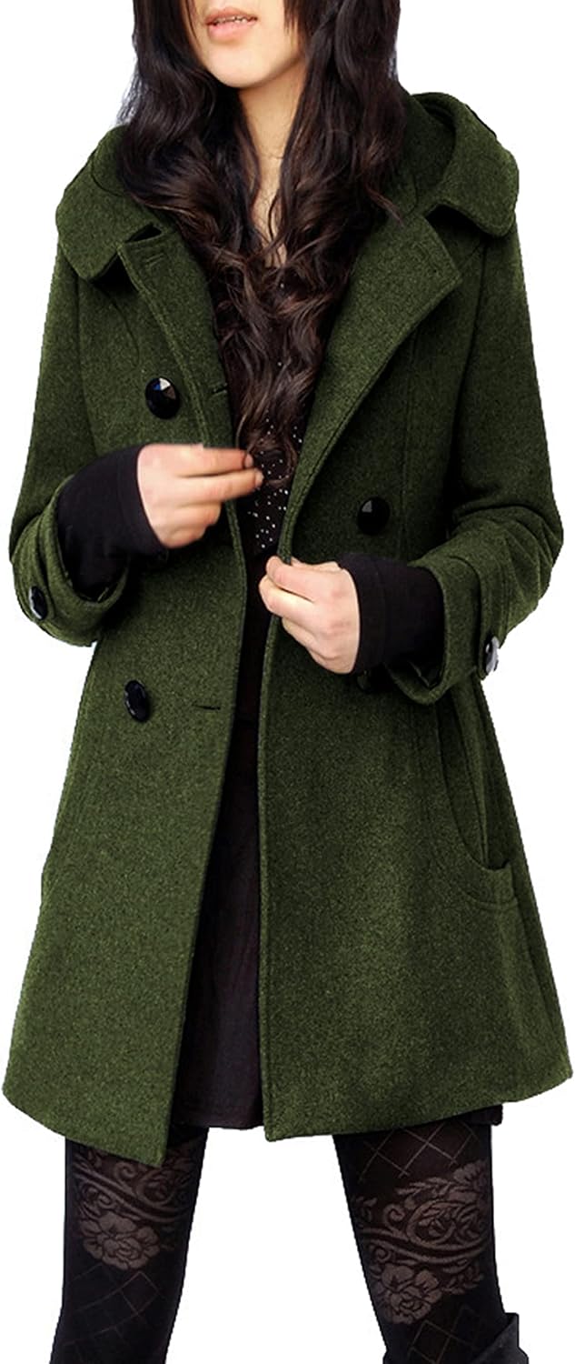 Tanming Women's Hooded Wool Blend Coat Mid Long Peacoats
