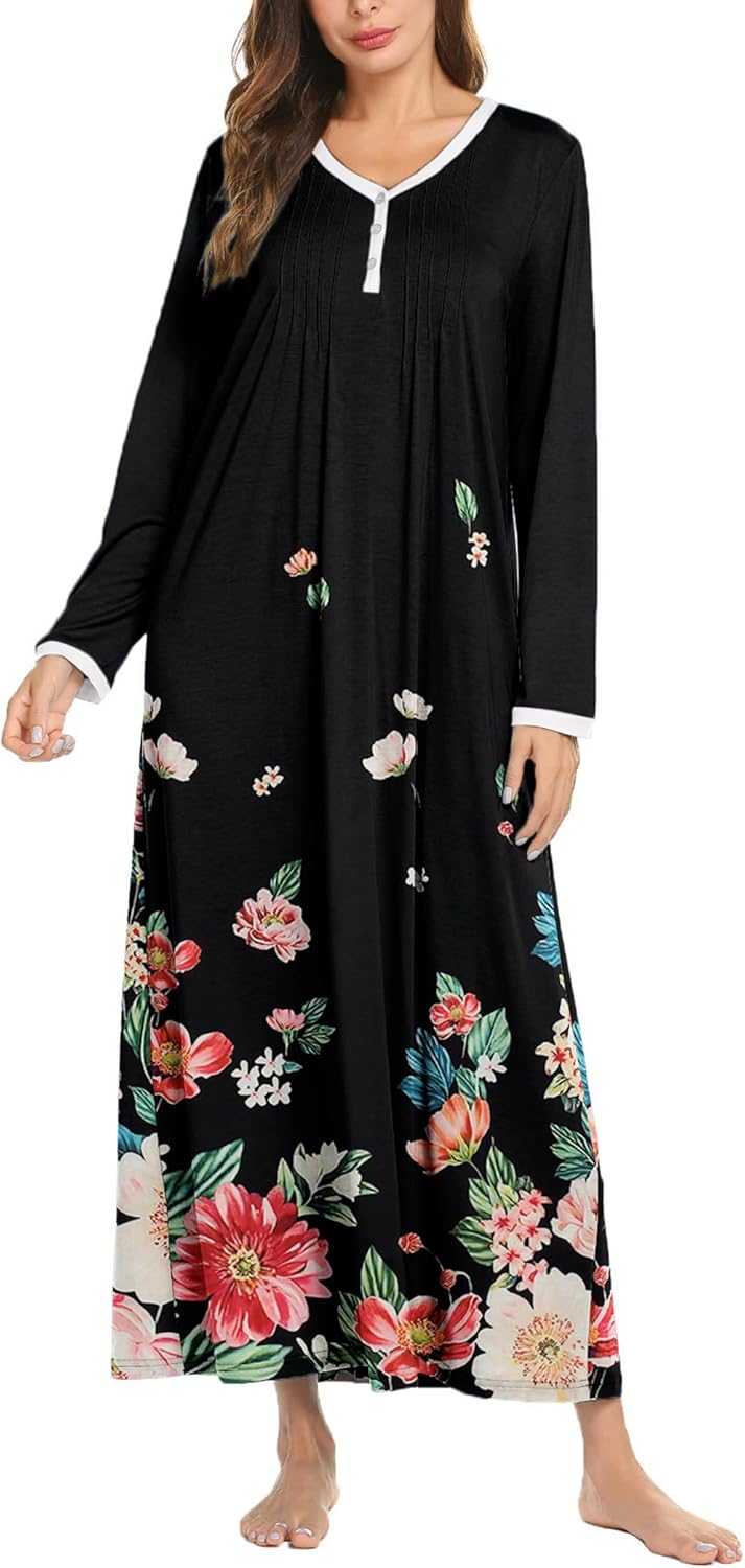 Ekouaer Women's Long Sleeve Nightgown Full Length Sleepwear Long Sleepshirts Henley Sleep Dress S-4XL-21