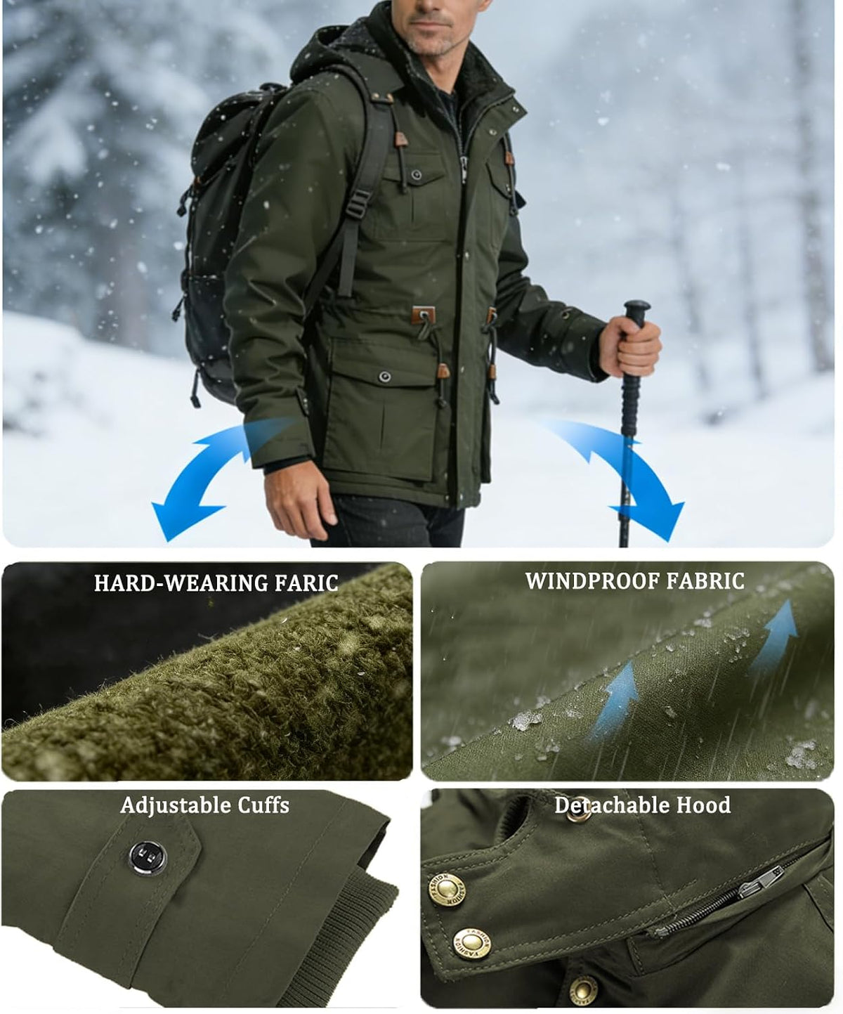 INVACHI Men's Winter Military Jacket, Fleece Lined Hooded Cargo Coat